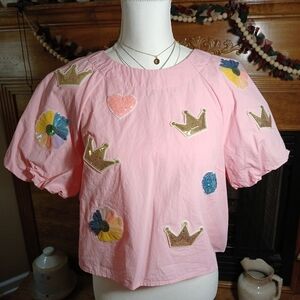 Mainstrip Crop Top With Puffed Sleeves & Sequined Embellishments